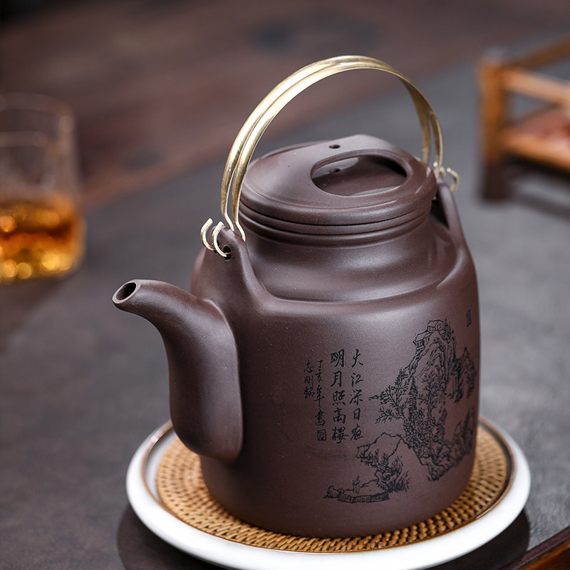 大茶壶内胆过滤茶壶大容量大号紫砂壶铜提梁洋桶壶W半手工大紫砂