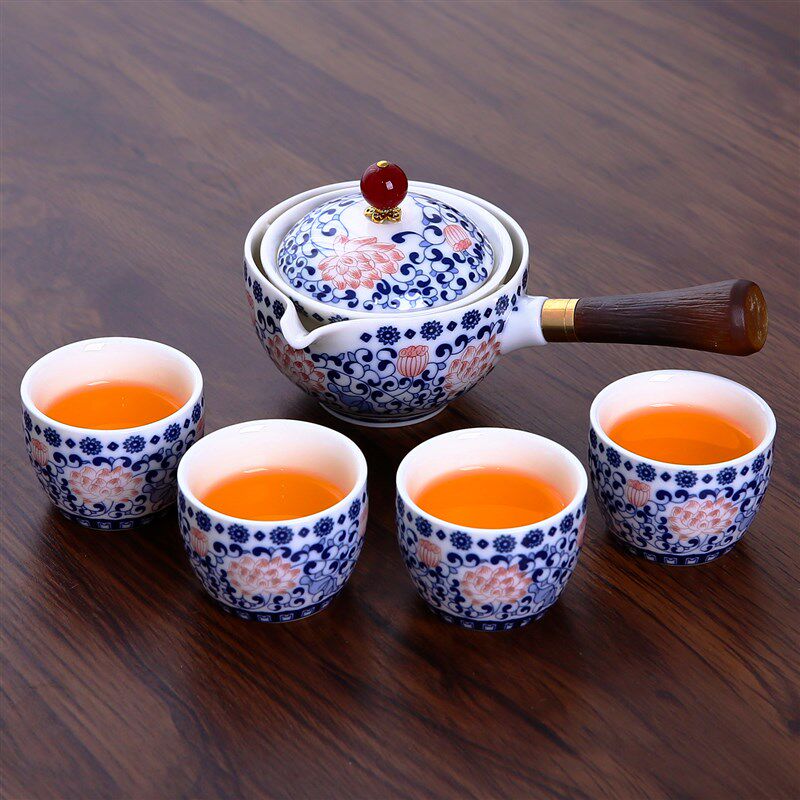 逍遥壶旋转泡茶j壶陶瓷缠枝莲侧把防烫摇摇杯自动泡茶神器茶具套