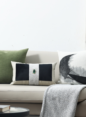 新中式沙发抱枕样板间别墅客厅靠垫水墨绣花军绿色组Y合靠枕腰枕