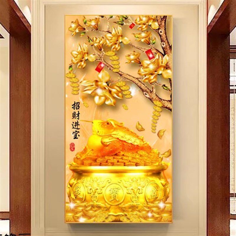 挂画竖版b中式聚宝盆玄关道招财进宝入户新走廊过装饰画晶瓷背景