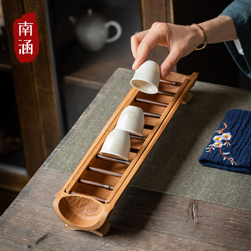 禅意杯架中式复古实木竹制沥水架古朴碳化竹片茶杯架子双层收纳架