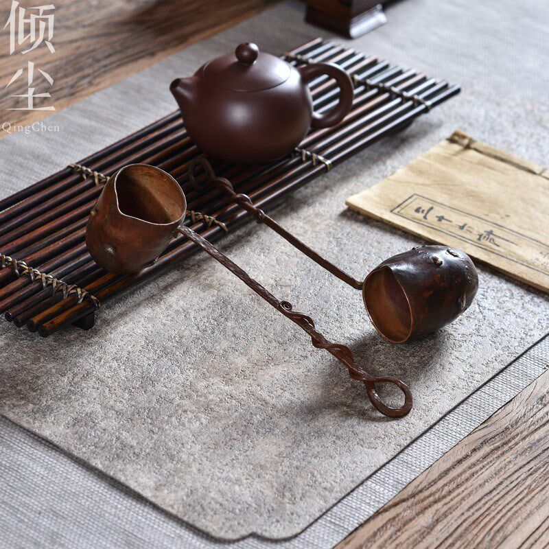 紫铜茶勺鎏银分茶勺手工烧色长柄煮茶舀茶勺子纯铜复古禅意分茶器