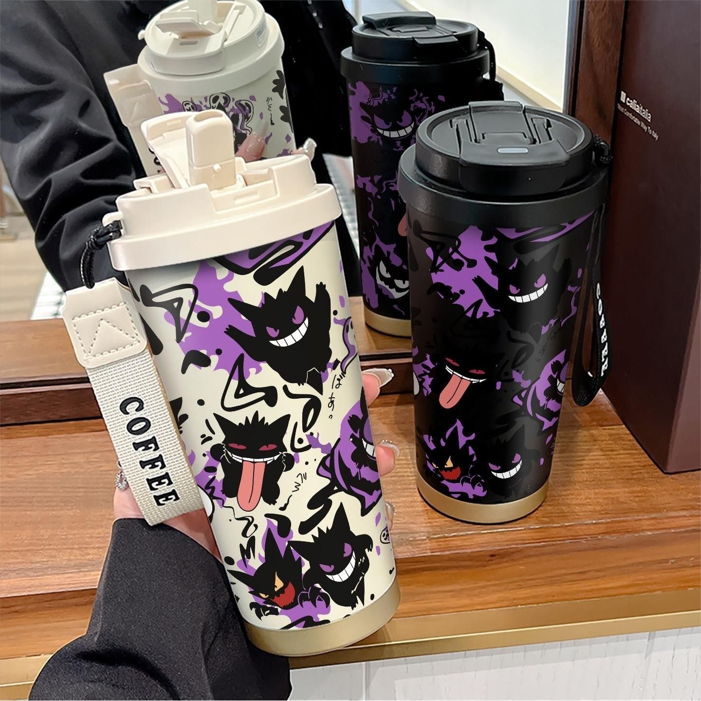 恶魔怪兽耿鬼316不锈钢保温咖啡杯双饮便携式男款吸管口大水杯