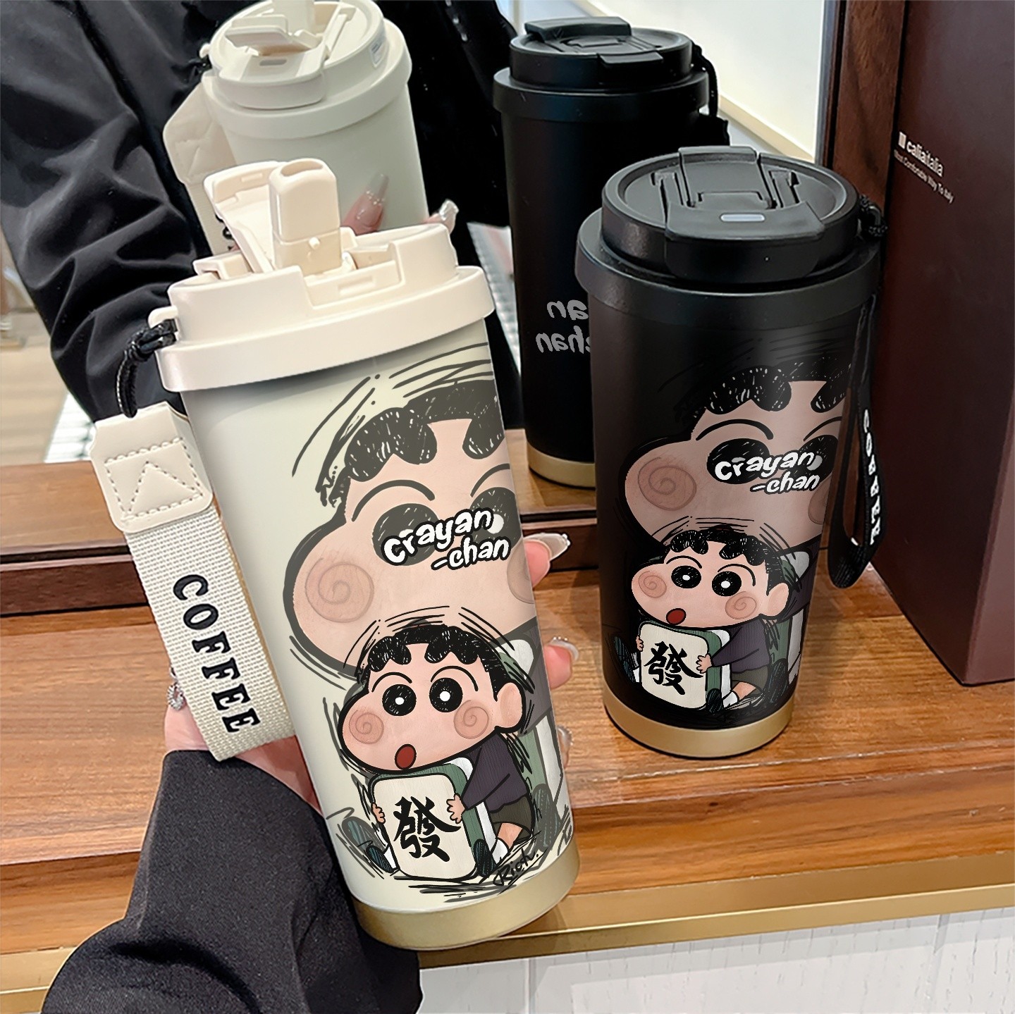 发财蜡笔小新不锈钢保温杯女生高颜值2025新款可爱双饮水杯便携式