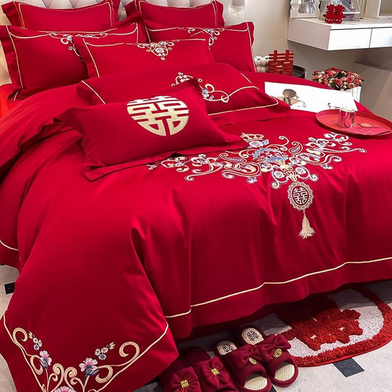 婚庆四件套婚嫁新婚床品刺绣被套大红结婚礼婚房S婚床喜庆中式套
