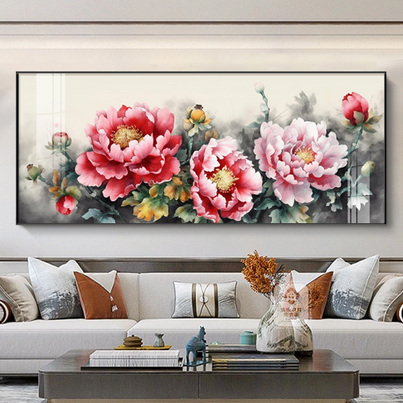 花开富贵装饰画客厅沙发背景墙挂画新中式牡丹花大幅横版晶瓷壁画