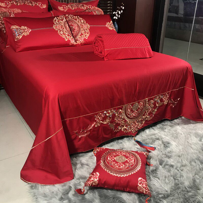 中国风喜被100支长绒棉婚庆十件套大红全棉结婚四六件套床上用品
