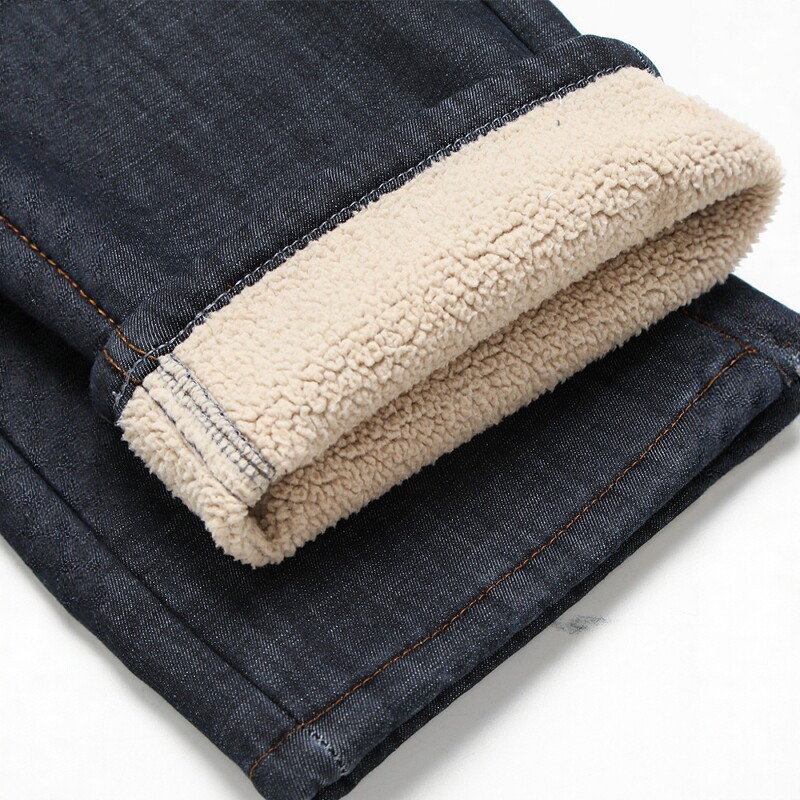 意大利高端羊羔绒加厚牛仔裤男冬季中年爸爸宽松直筒加绒保暖长裤