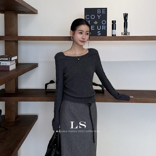 【勺一橘】黑标极简大牌女装25新款极简时尚百搭方领针织衫3088#