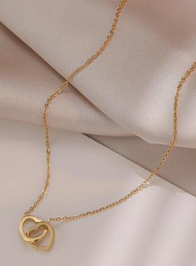 洗澡不用摘玫瑰金简约双环爱心锁骨链钛钢不掉色网红项链小众