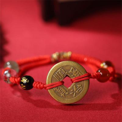 慈元阁五帝钱红绳铜钱脚链男女款属虎本命年平安吉祥脚绳情侣手链