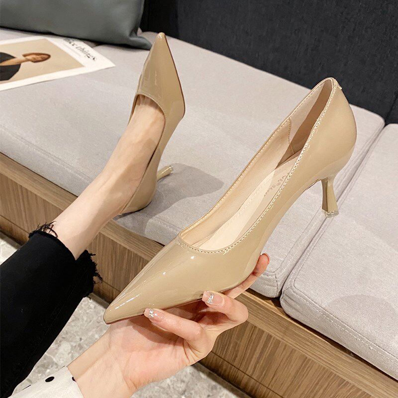 漆皮裸色高跟鞋女冬黑色职业细跟2022新款尖头浅口低跟3cm工作鞋