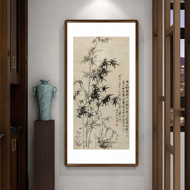 郑板桥竹石兰蕙j图国画竹子写意水墨画中式客厅装饰画玄关竖版挂