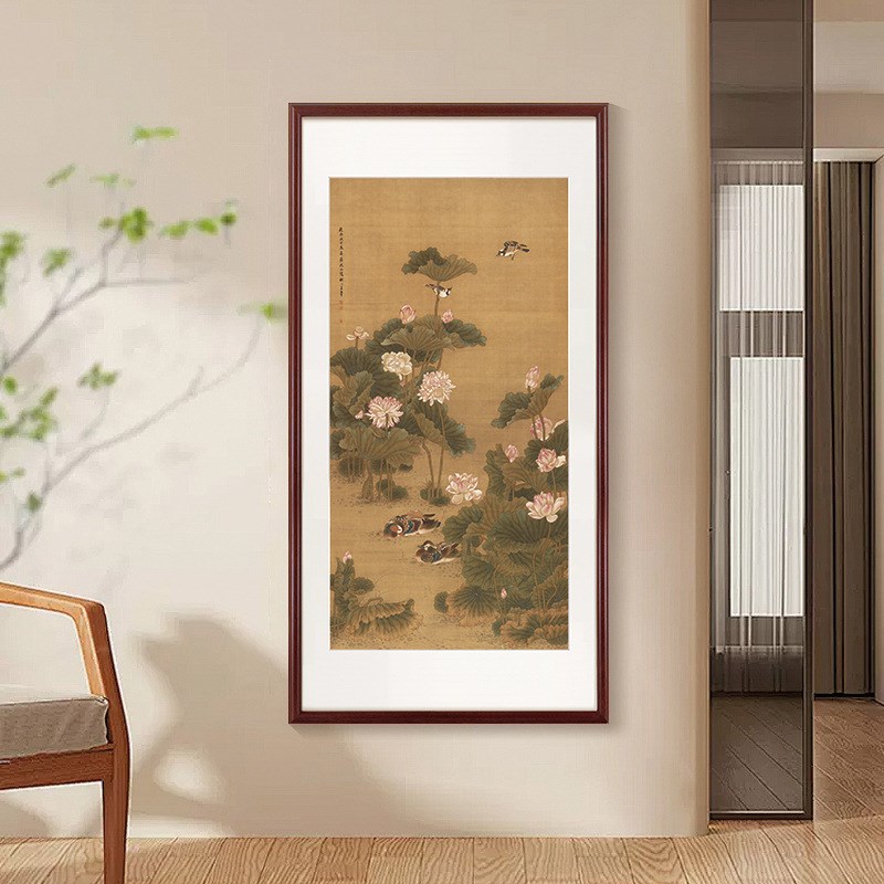 荷塘鸳鸯图》客厅装饰画入户玄关中式壁画办公室书房茶室中古挂画