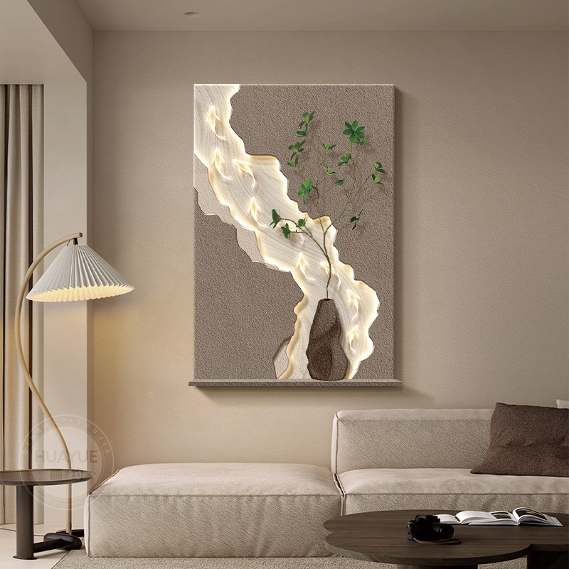 侘寂风绿植客厅装饰画极简立体沙发背景墙壁画高级感九鱼玄关挂画