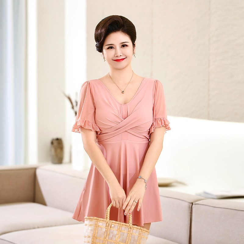 2024新款裙式连体加肥大码泳衣女遮肚显瘦中年妈妈保守温泉游泳装