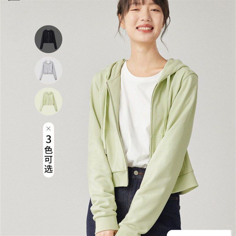 连帽卫衣女2025年新春季薄款拉链外套小个子短款开衫100%纯棉