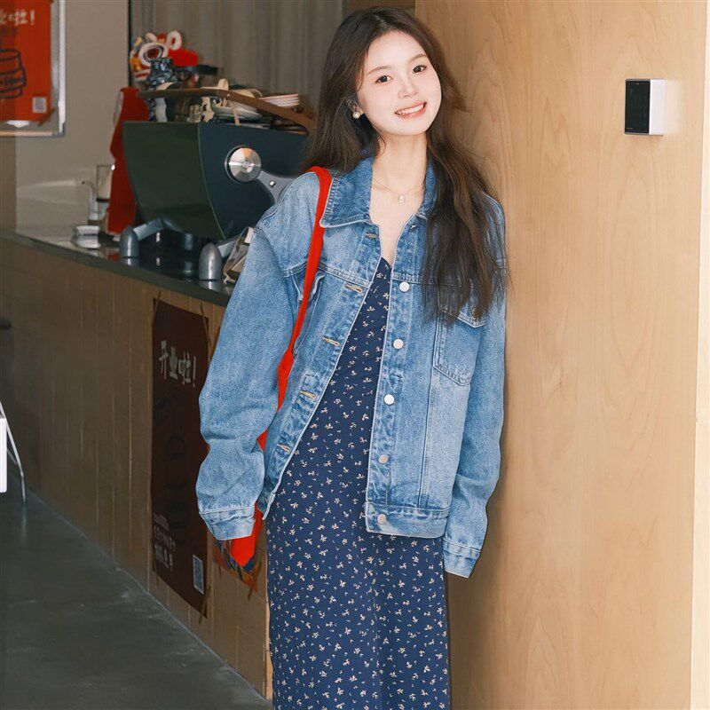 美式宽松休闲长袖牛仔外套女开春一整套ootd穿搭碎花裙V领连衣裙