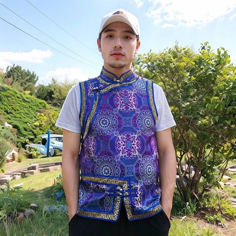 男士蒙古b马甲传统春秋缎面坎肩蒙族日常生活装工作服民族风马甲