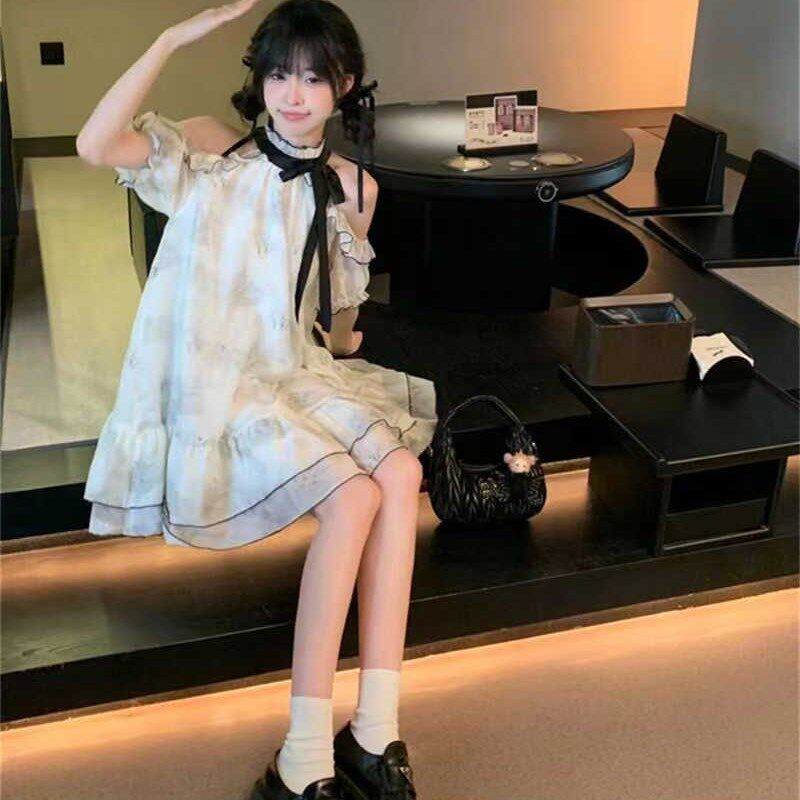 新中式国风花墨少女印花挂脖连衣裙夏季小个子收腰显瘦娃娃裙短裙