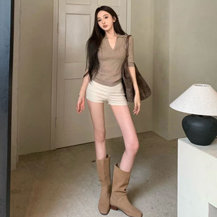 新款港味风显瘦修身针织上衣女高腰百搭包臀短裤牛仔长裤两件套装
