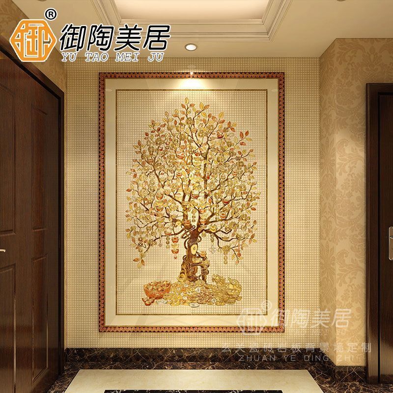 玄关画瓷砖背景墙j岩板微晶石大理石立体雕刻过道中式发财树摇钱