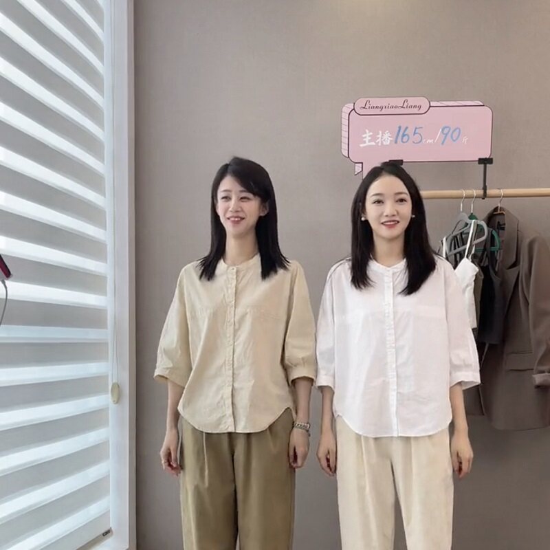 韩版夏季新款个性小圆领中袖衬衫女春夏I宽松显瘦简约百搭纯色衬