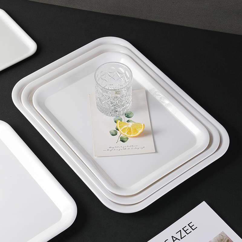 密胺白色托盘长方形商用塑料托盘幼儿园餐盘蛋糕面包盘子水杯茶盘