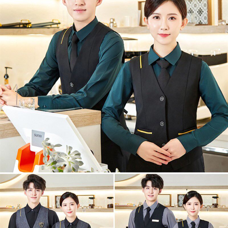KTV服务员工作服定制绣logo酒店餐饮西餐厅男女U马甲衬衫三件套装