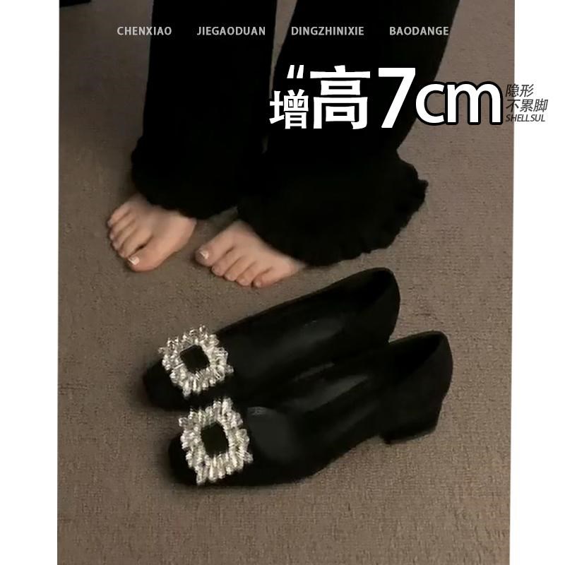 不累脚!隐形内增高7CM单鞋v女2025春夏季水钻方扣黑色玛丽珍单鞋