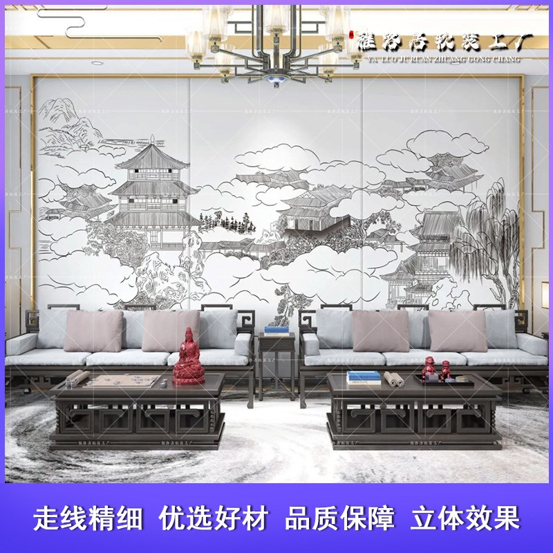 定制新中式独绣墙布客厅电视沙发刺绣硬K包卧室床头软包中式壁画