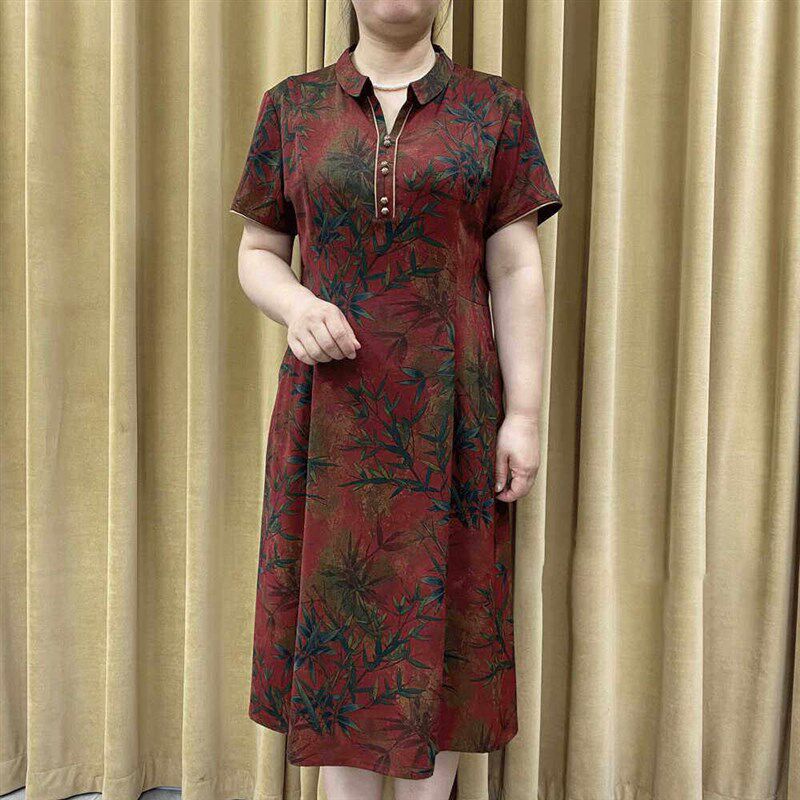 妈妈装夏季新款改良版旗袍裙子中长款中老年女宽松大码短袖连衣裙