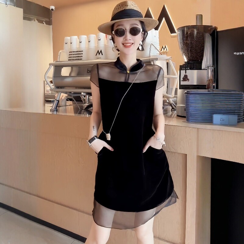 法式立领网纱拼接旗袍改良版连衣裙女2025新款夏季小个子收腰裙子