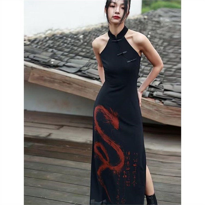 大青龙肆新中式挂脖连衣裙女夏季新款暗黑收腰开衩改良旗袍裙子