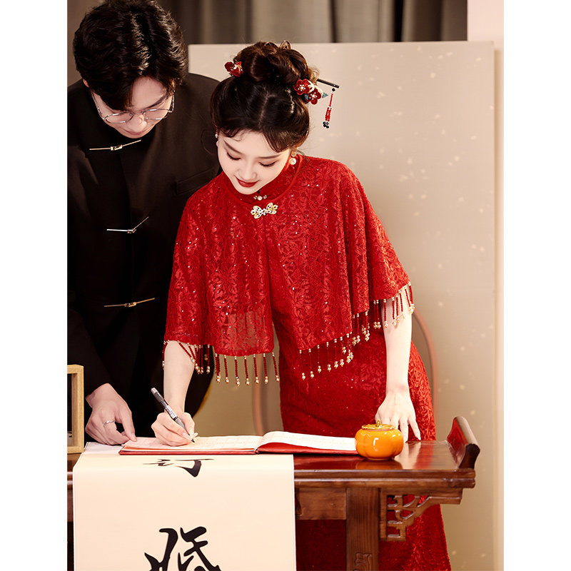 中式旗袍结婚酒红色敬酒服新娘披肩订婚礼服小个子连衣裙平时可穿