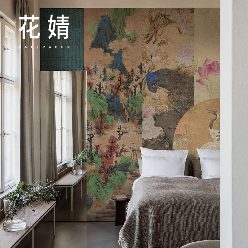 新中式壁纸创意餐厅客厅无纺布墙纸卧室墙布电视背景墙定制壁画布