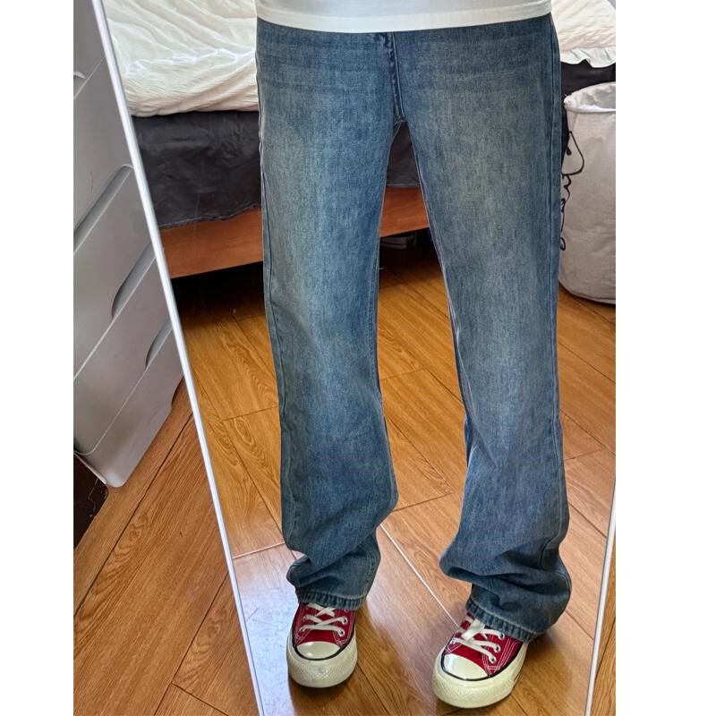 复古蓝直筒牛仔裤女春季新款胖mm梨形身材宽松显瘦小个子阔腿裤子