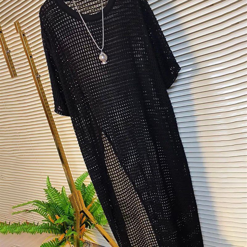 胖MM大码长款冰丝针织罩衫短袖女外搭夏季设计感镂空防晒开叉上衣