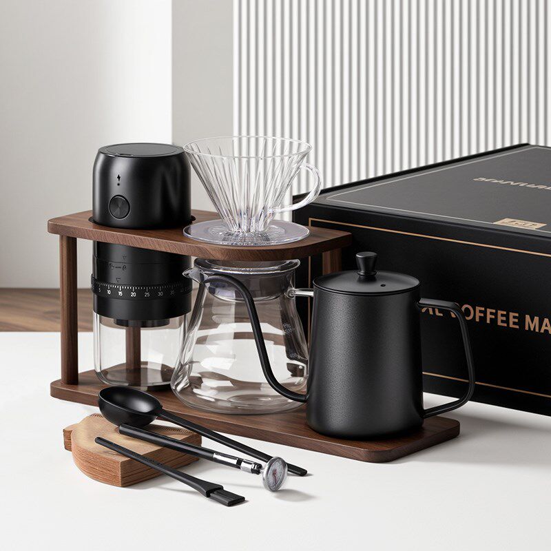 手冲咖啡壶套装h电动磨豆机 手摇咖啡机手冲壶滤杯收纳木支架9件