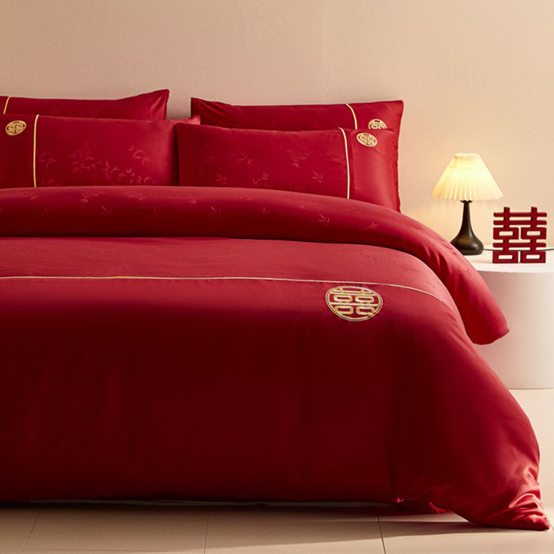 中式提花结婚四件套大红色被套床H单新婚喜被婚庆床上用品