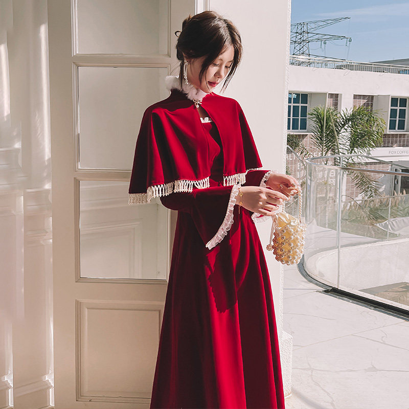 敬酒服新娘酒红色长款春冬季加厚2024新款答谢宴回门晚礼服连衣裙