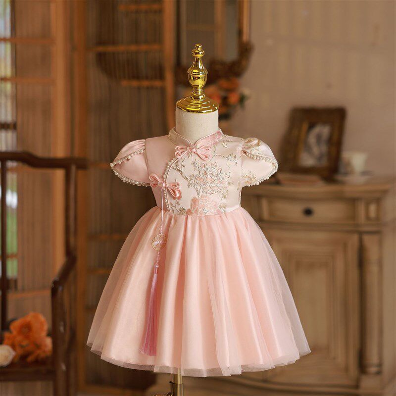 中式女童周岁女宝宝公主裙粉色儿童生日礼服国风唐装小主持人礼服