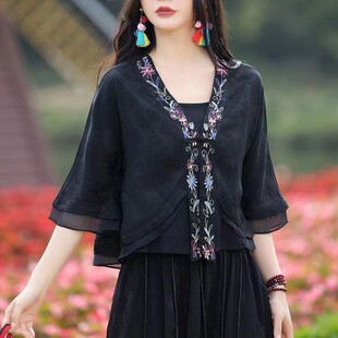 2022夏季新款宽松刺绣披肩外套女民族风开衫盘扣设计感小众上衣薄