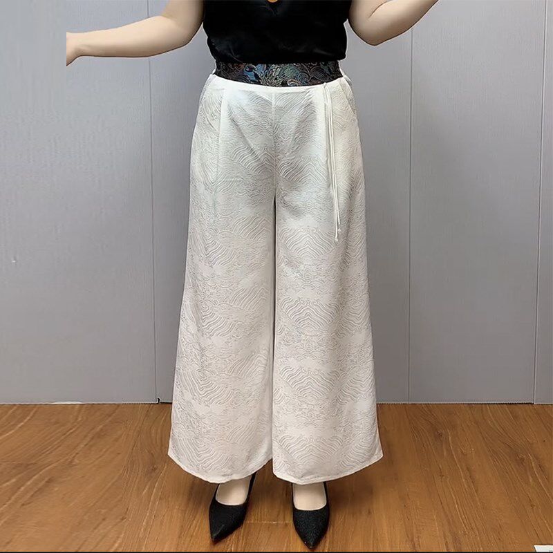 中老年妈妈国风提花阔腿裤高腰坠感宽松显瘦直筒裙裤百搭休闲裤子