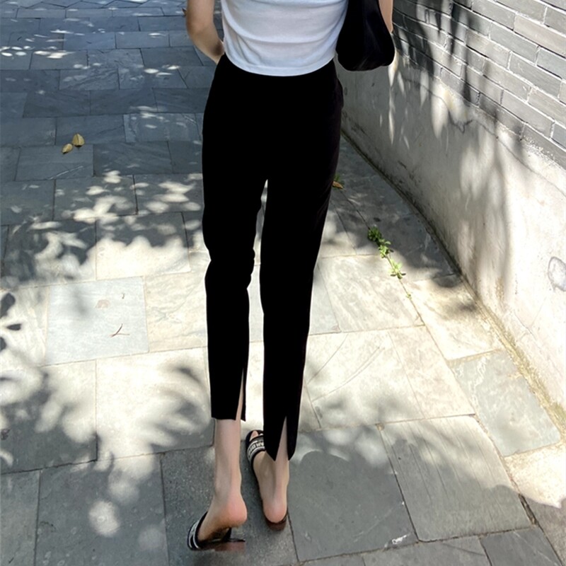 黑色九分西装裤女春夏季高腰显瘦开叉烟管裤休闲直筒哈伦小脚裤子