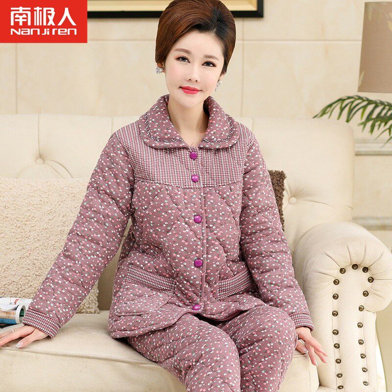 中老年中年妈妈睡衣女秋冬季纯棉三层夹棉加厚老人家居服保暖套装