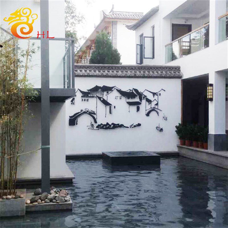 中式小桥流水大型铁艺壁挂画别墅庭院画廊旅游P景区客厅背景墙装