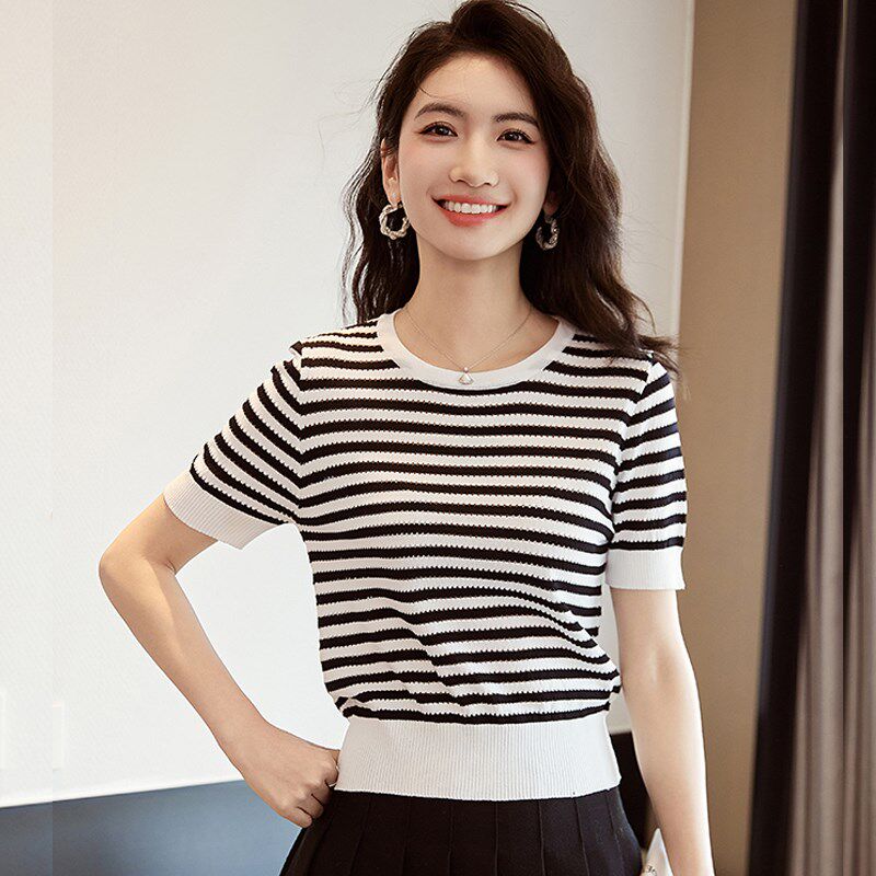 冰丝条纹短袖t恤女修身夏镂空针织衫 小个子气质短款洋气卡腰上衣