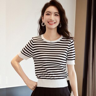 冰丝条纹短袖t恤女修身夏镂空针织衫 小个子气质短款洋气卡腰上衣