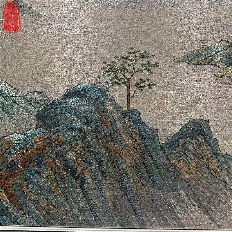 蓝色江山织锦绣刺绣客q厅刺绣装饰画现代简约新中式沙发背景墙挂